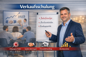 Verkaufsschulung – Trainer präsentiert Bedarfsanalyse, Abschlusstechniken und Kundengespräche vor Teilnehmern, Symbol für professionelles Sales‑Coaching