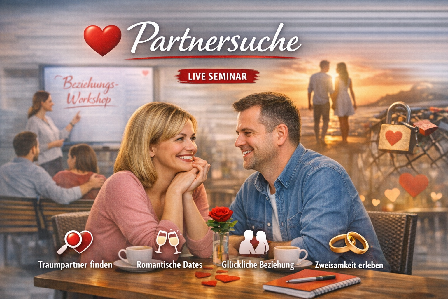 Partnersuche – lächelndes Paar bei einem Live‑Seminar, romantische Atmosphäre mit Sonnenuntergang, Workshop‑Szene und Symbolen für Liebe und Beziehung