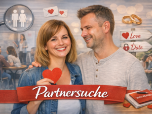 Partnersuche – lächelndes Paar mit Herzsymbolen bei einem Dating‑Workshop, romantische Atmosphäre und Symbole für Liebe und Kennenlernen
