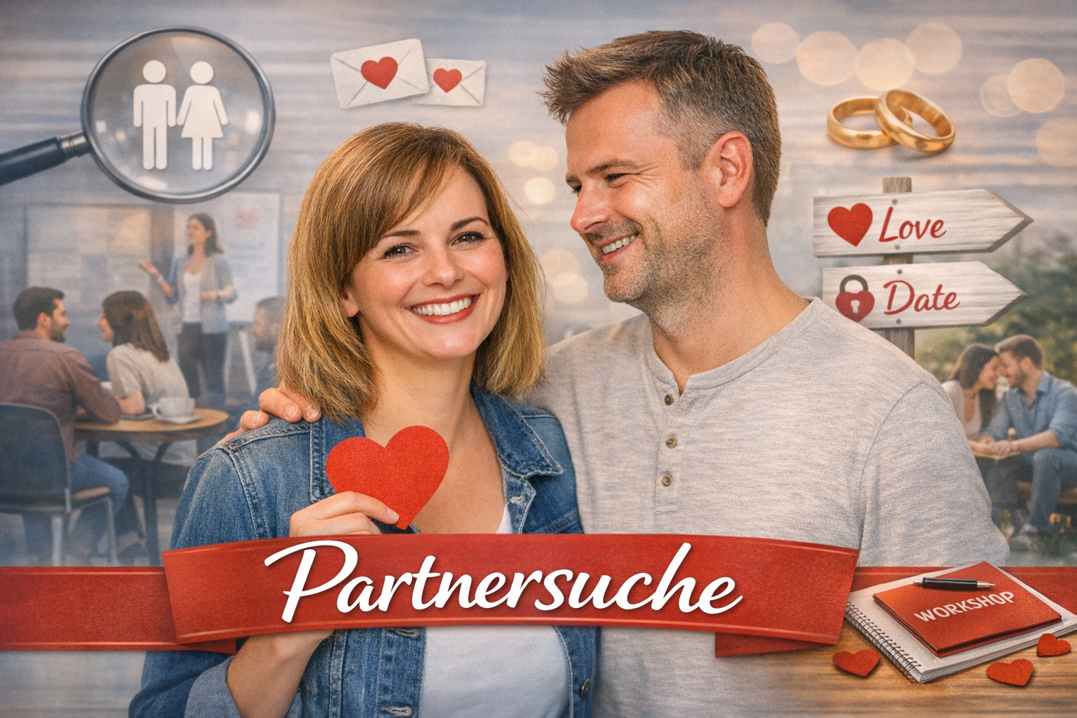Partnersuche – lächelndes Paar mit Herzsymbolen bei einem Dating‑Workshop, romantische Atmosphäre und Symbole für Liebe und Kennenlernen