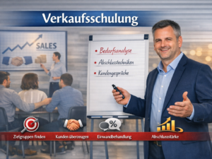 Verkaufsschulung – Trainer präsentiert Bedarfsanalyse, Abschlusstechniken und Kundengespräche vor Teilnehmern, Symbol für professionelles Sales‑Coaching