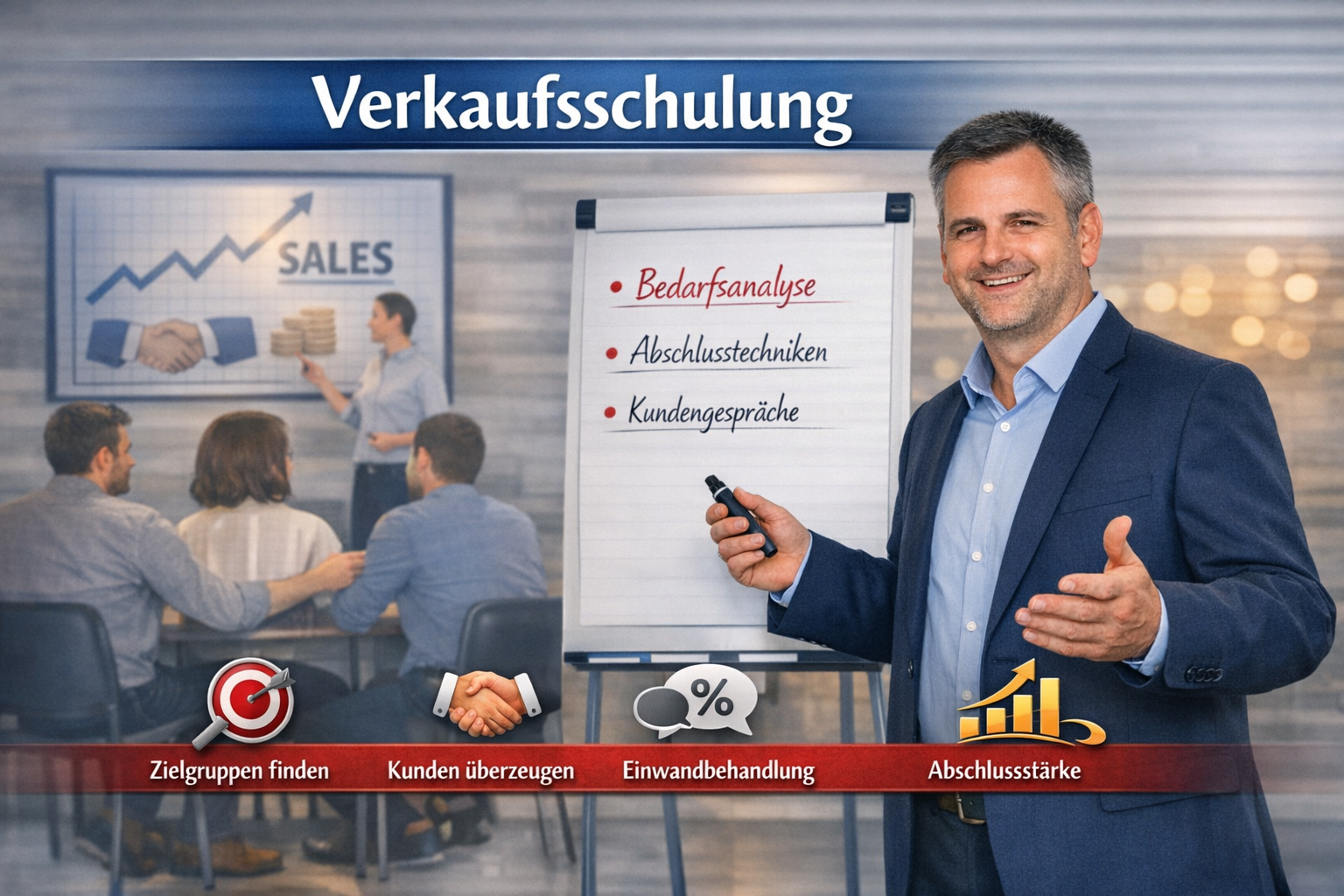 Verkaufsschulung – Trainer präsentiert Bedarfsanalyse, Abschlusstechniken und Kundengespräche vor Teilnehmern, Symbol für professionelles Sales‑Coaching