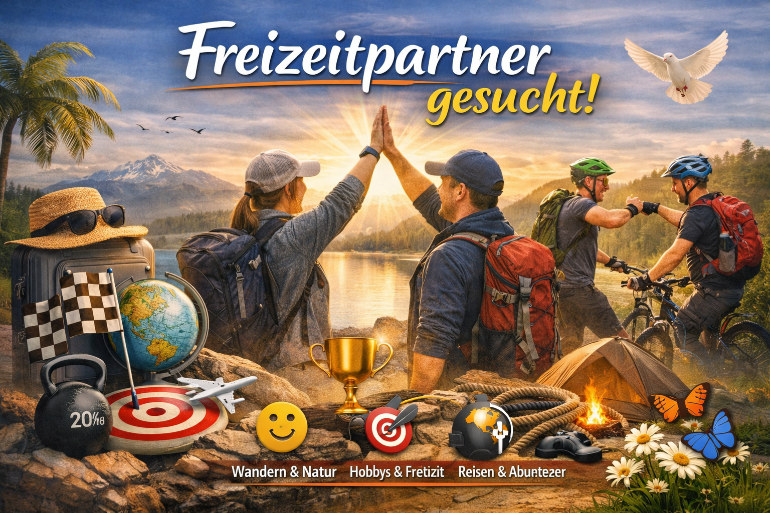 Freizeitpartner gesucht – Menschen beim Wandern, Radfahren und Reisen in der Natur, Symbol für gemeinsame Hobbys und Aktivitäten